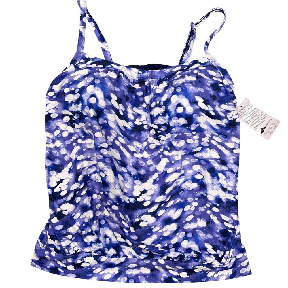 Lands' End Tankini Top Womens 10 Blue Purple Brushed Tie Dye Blouson Swim Modest